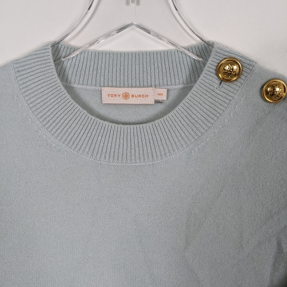 Tory Burch Seafoam Green Wool Blend Crew Neck Button Accent Sweater Medium - Picture 3 of 8